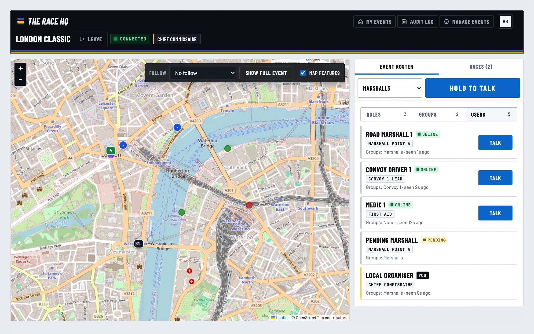 The Race HQ operations screen: a live map of central London with marshal and convoy positions beside the event roster showing who is online.